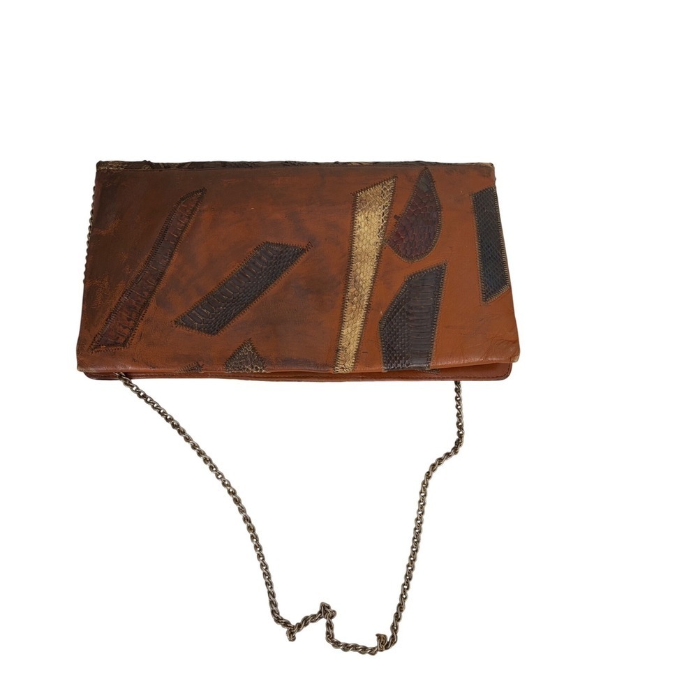 Vintage Patchwork Snakeskin Leather Clutch Brown Exotic Skin Chain Shoulder Bag - Picture 3 of 5